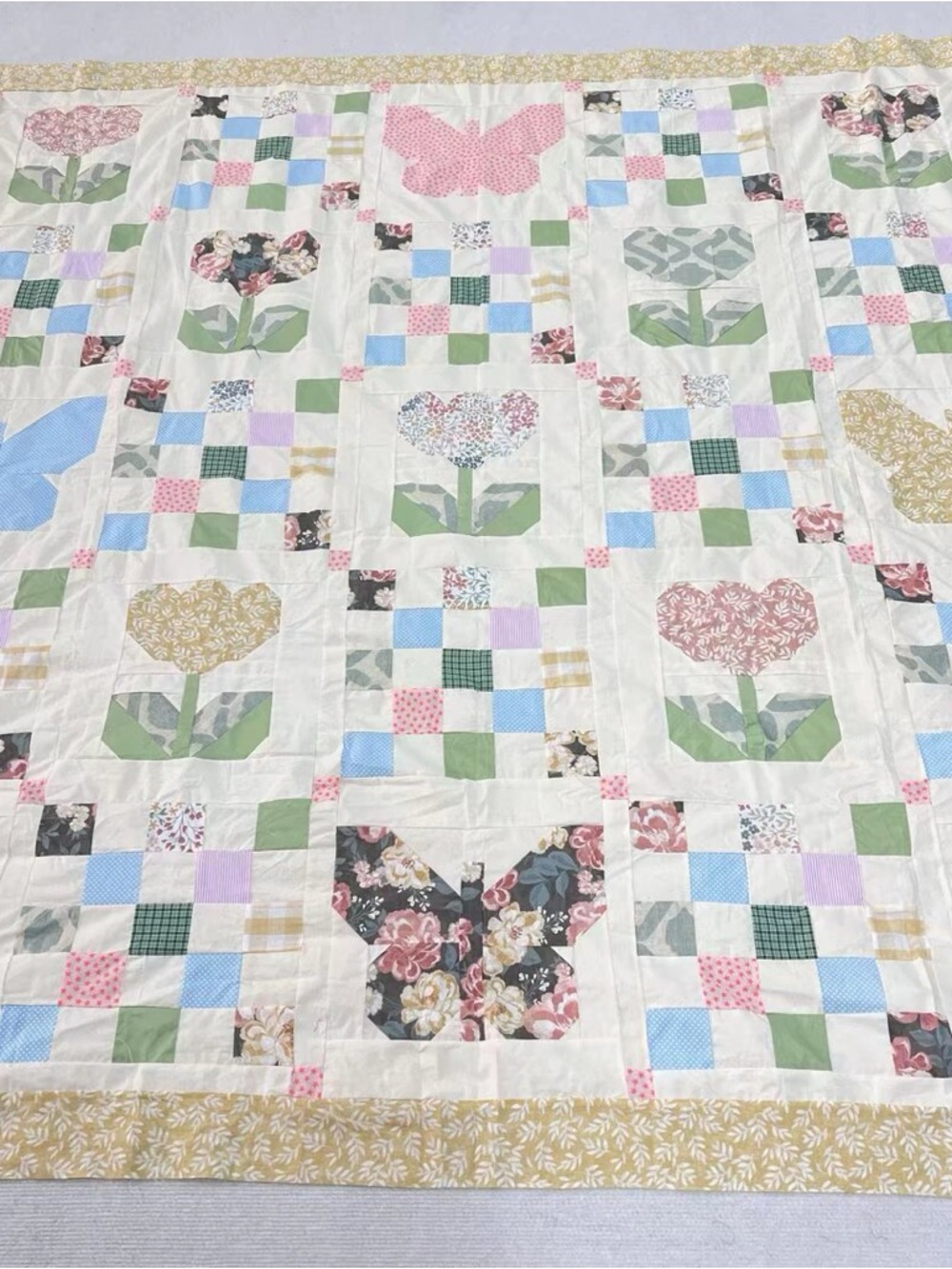 Handmade Original Butterfly Garden Patchwork Cotton Quilt Top/Topper 86x86”